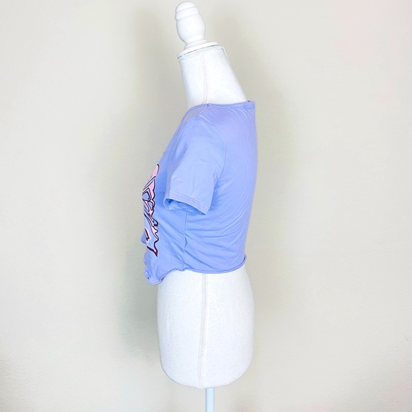 Lavender, Pink & Brown Butterfly Lettuce Hem Asymmetrical Short Sleeve Crop Top - Picture 4 of 8